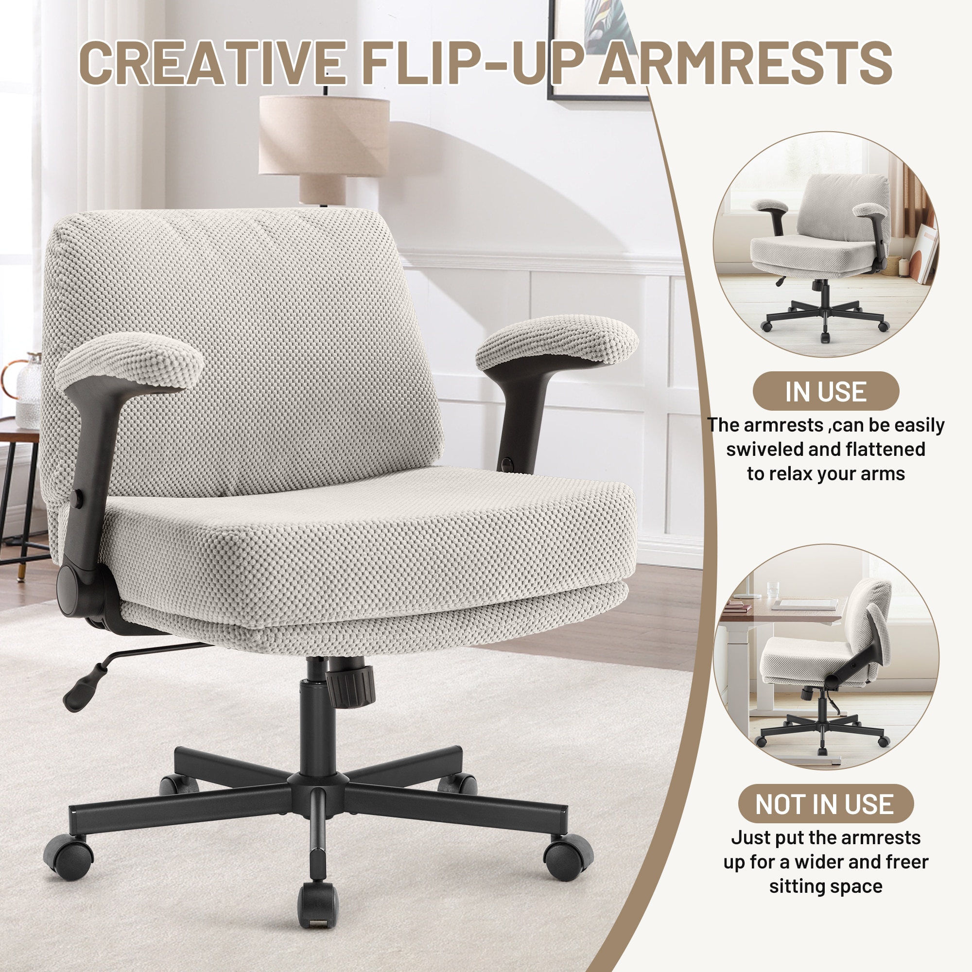 Criss Cross Chair With Wheels And Flip Arms- Comfy Fabric Cross Legged Office Chair With Thick Cushion&Wide Seat, Adjustable Swivel Desk Chair For Home Office, Apartment, Bedroom_maomaolike.com